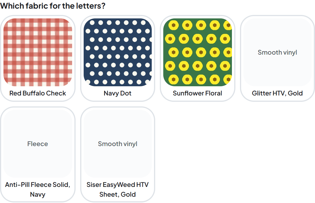 The buyer's fabric picker: photographed fabric tiles next to named tiles that don't have photos yet.