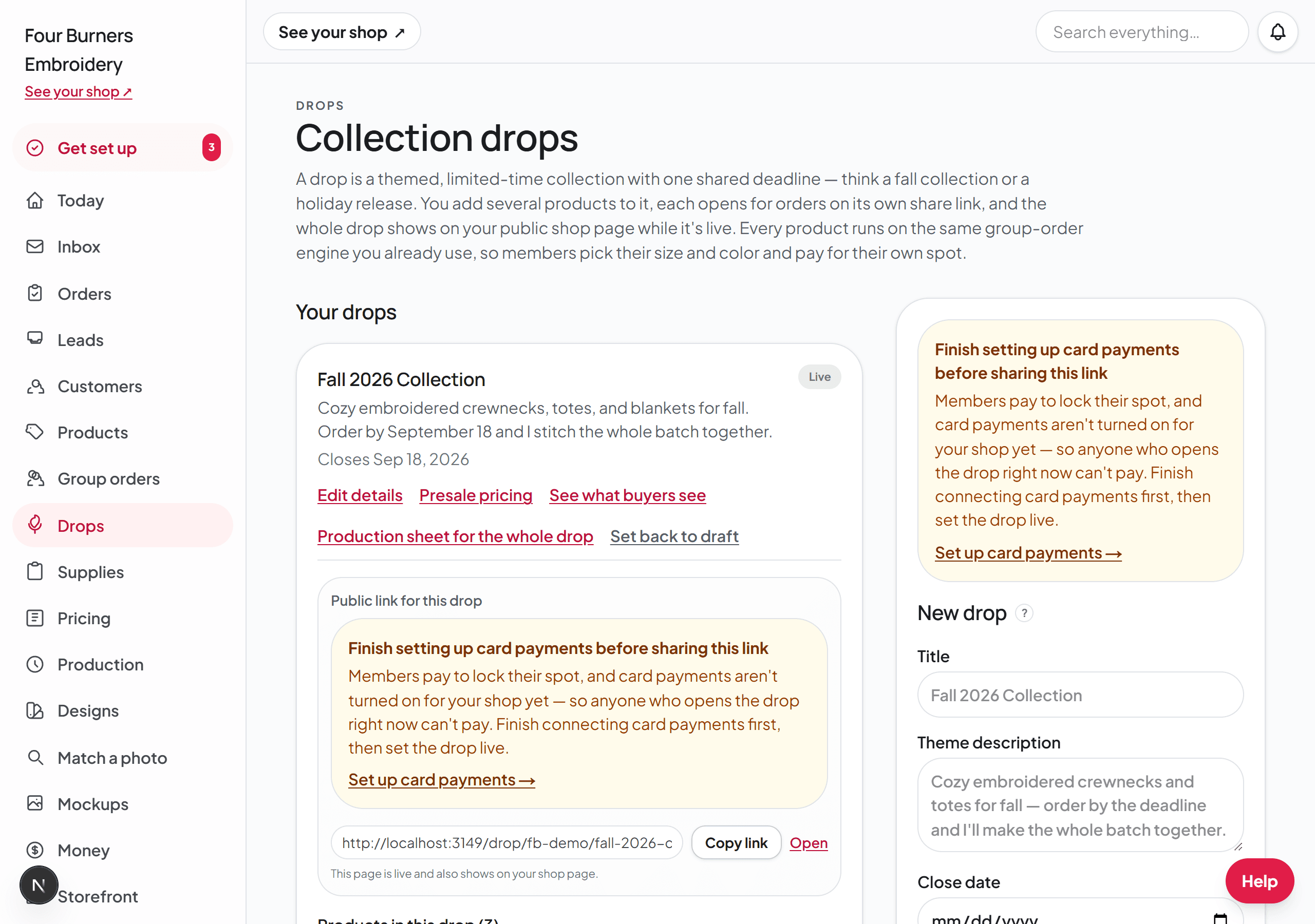 The Drops page: a live Fall 2026 Collection drop with its public link and production sheet, and the New drop form on the right.