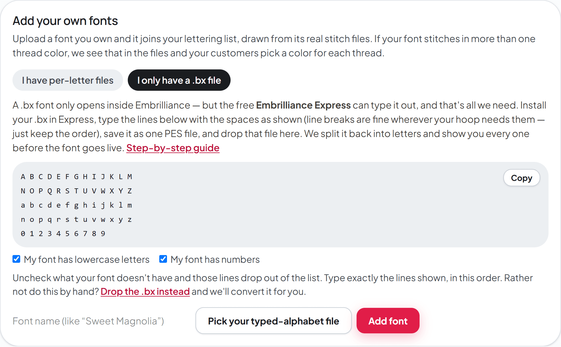 The Add your own fonts card in its typed-alphabet mode, showing the lines of letters to type in Embrilliance Express, a Copy button, and the lowercase and numbers checkboxes.