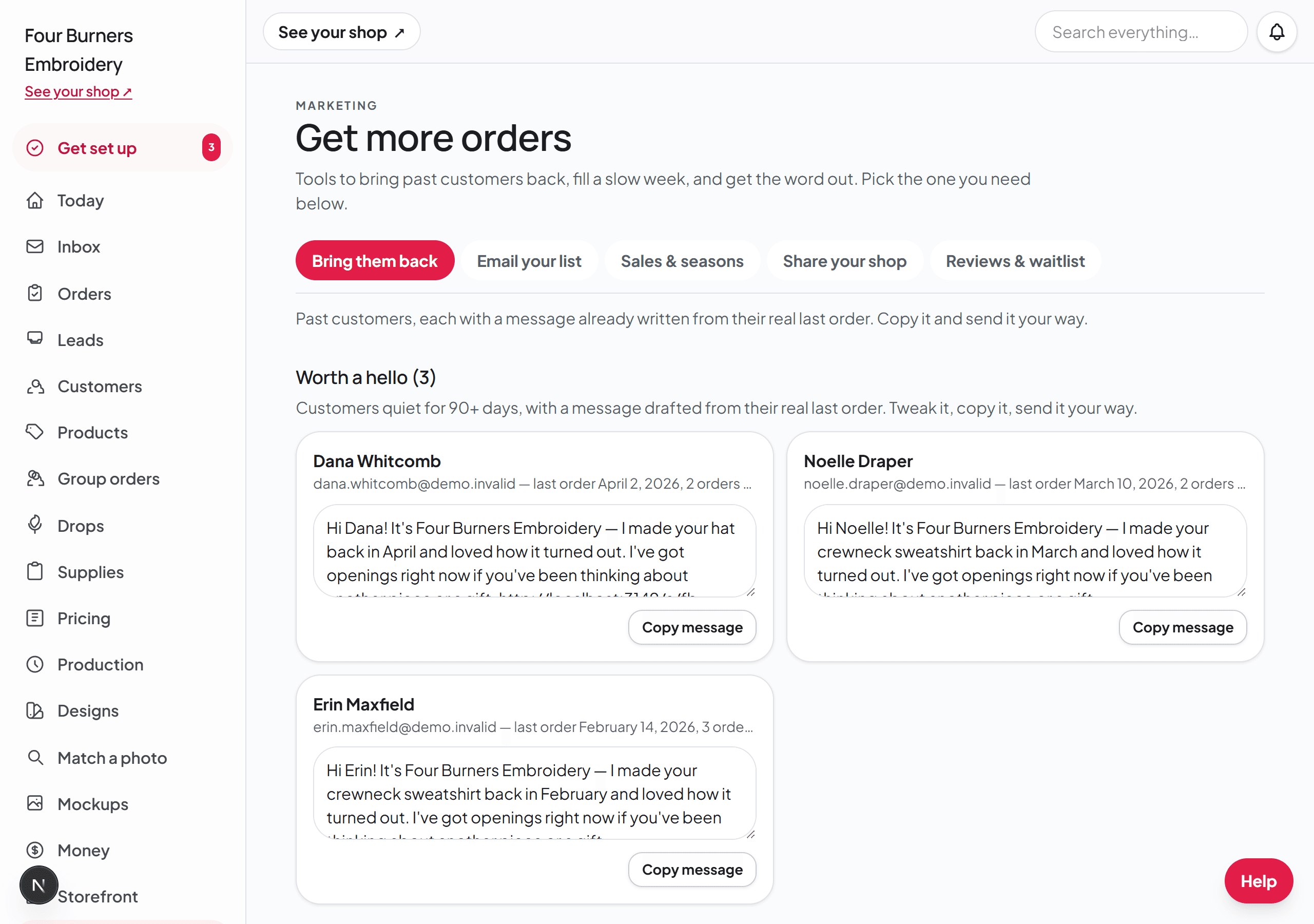 The Marketing tab on Bring them back: quiet customers, each with a message drafted from their real last order and a Copy message button.
