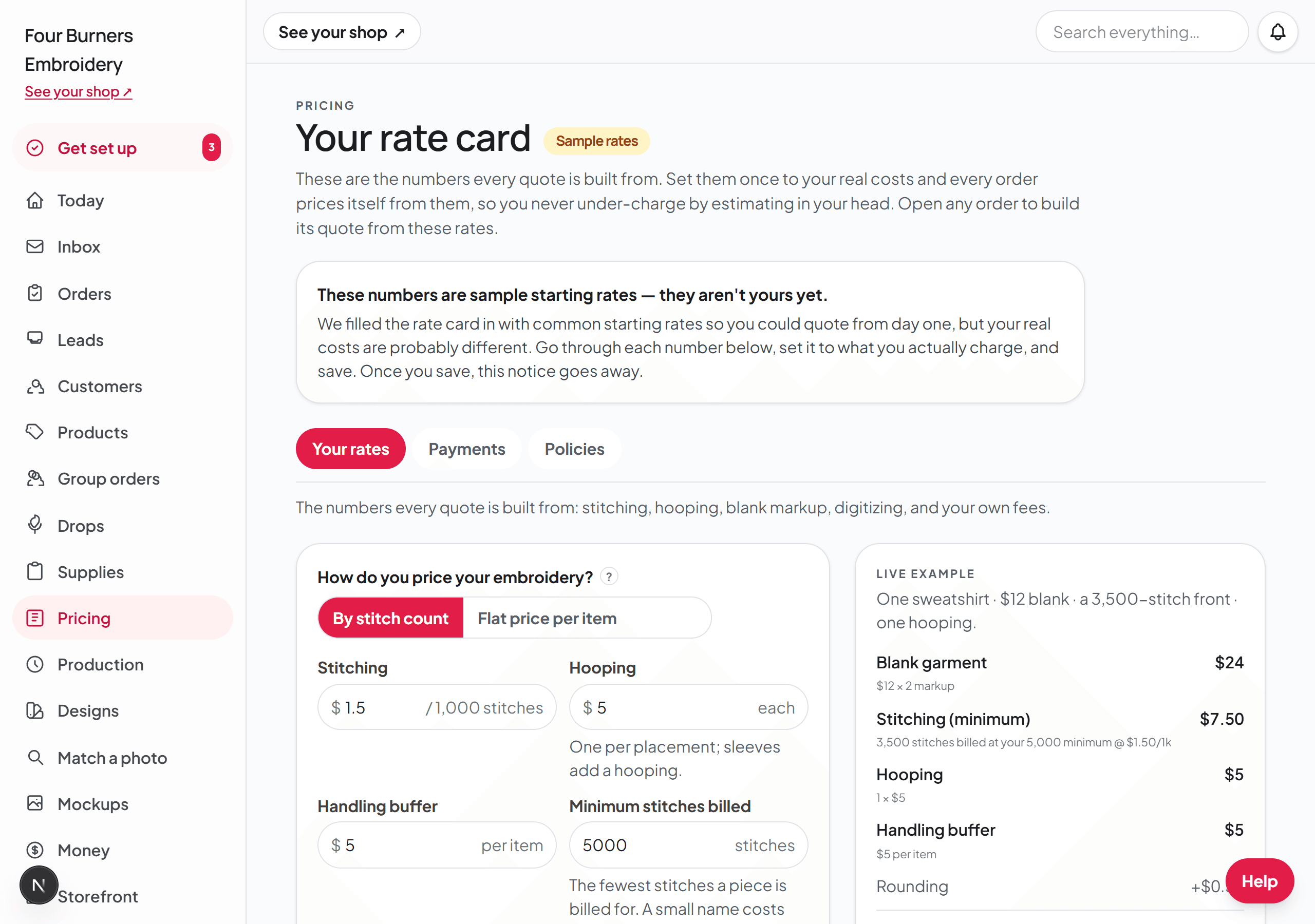 The Pricing page with the rate card fields and a live worked example of one sweatshirt priced from them.