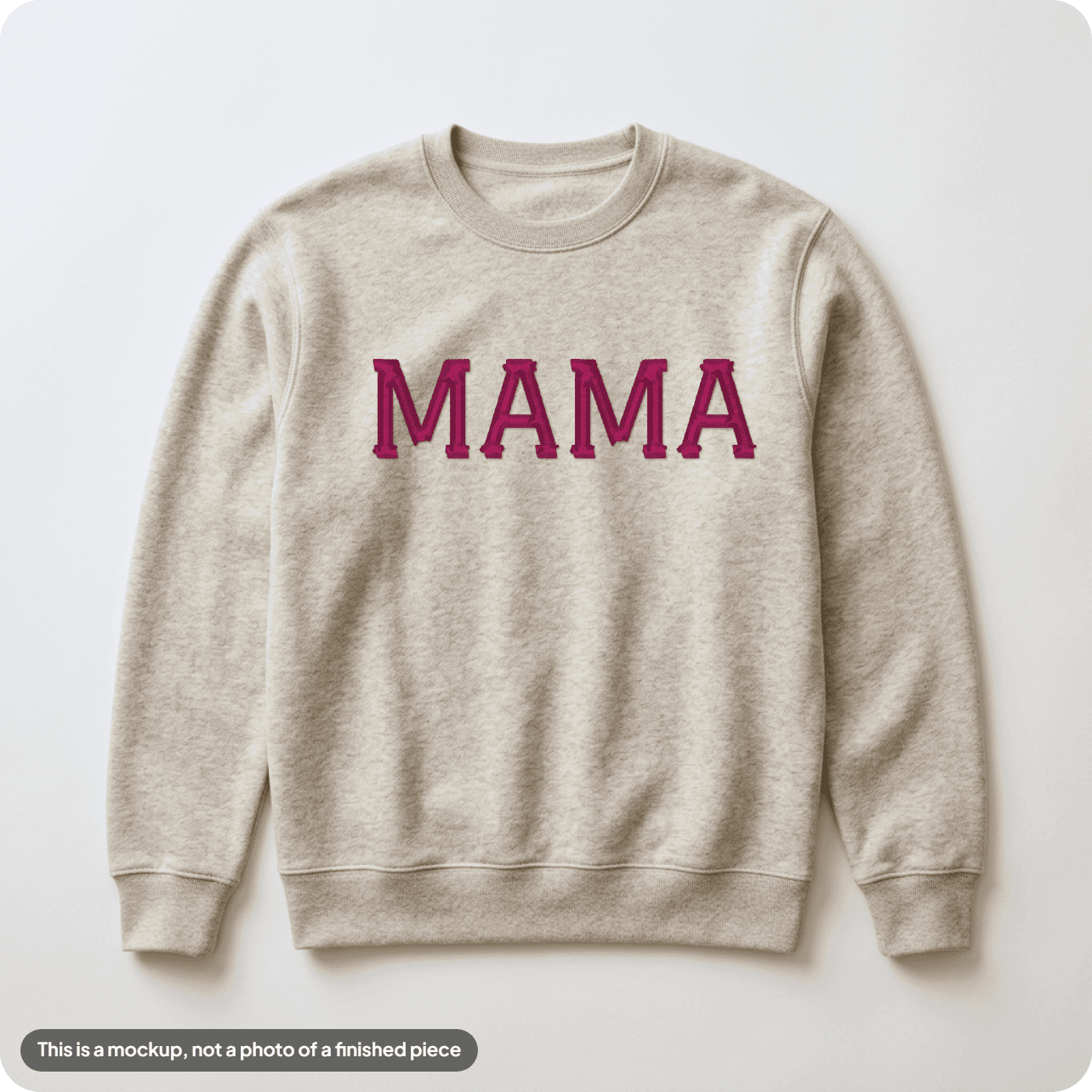 MAMA embroidered in a varsity block font on a crewneck, built in the Mockup Studio