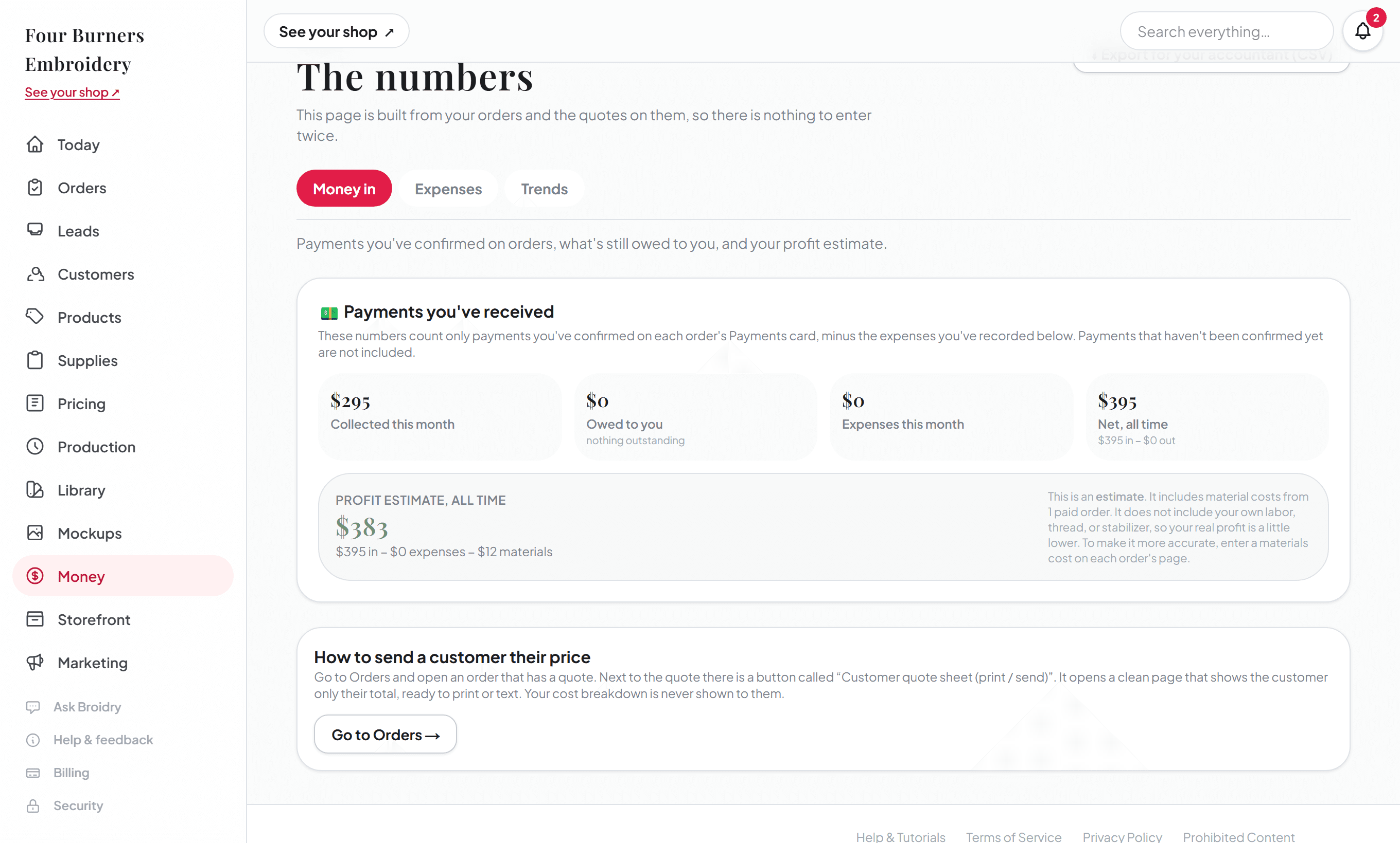The Broidry Money page: payments received, owed to you, expenses, and a profit estimate