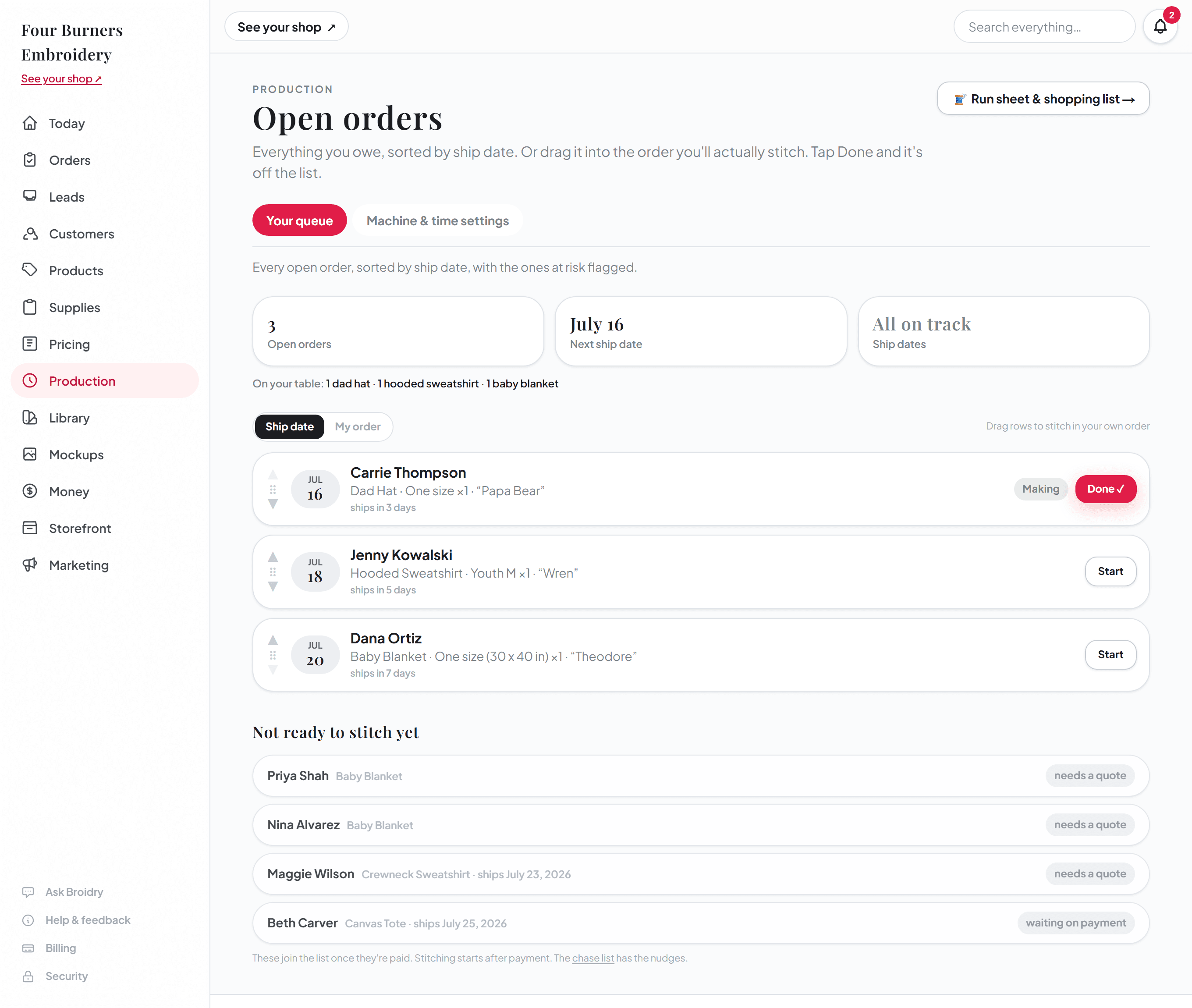The Broidry production queue: open orders sorted by ship date with time estimates