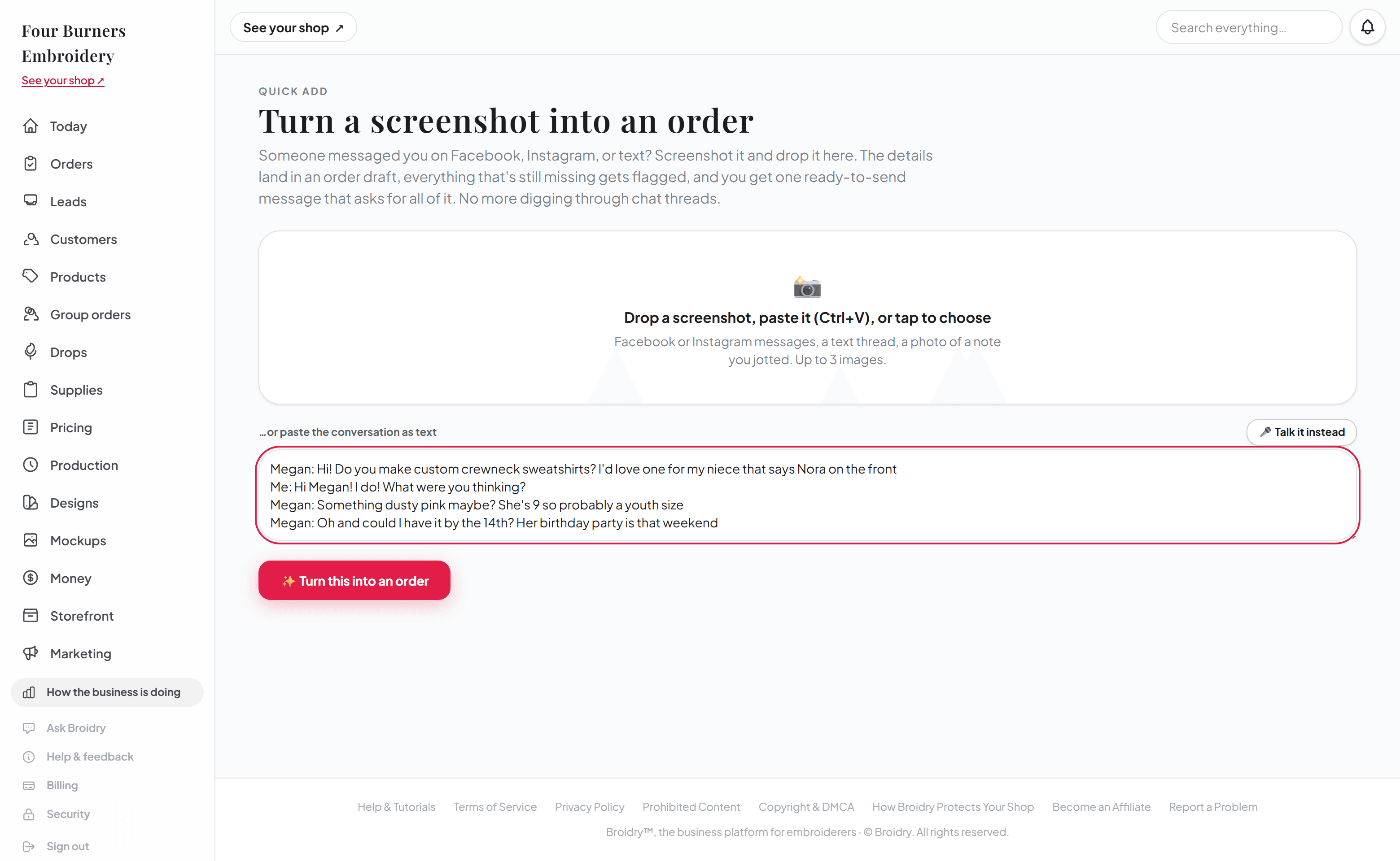 A pasted Facebook conversation on the Quick add page, about to become an order