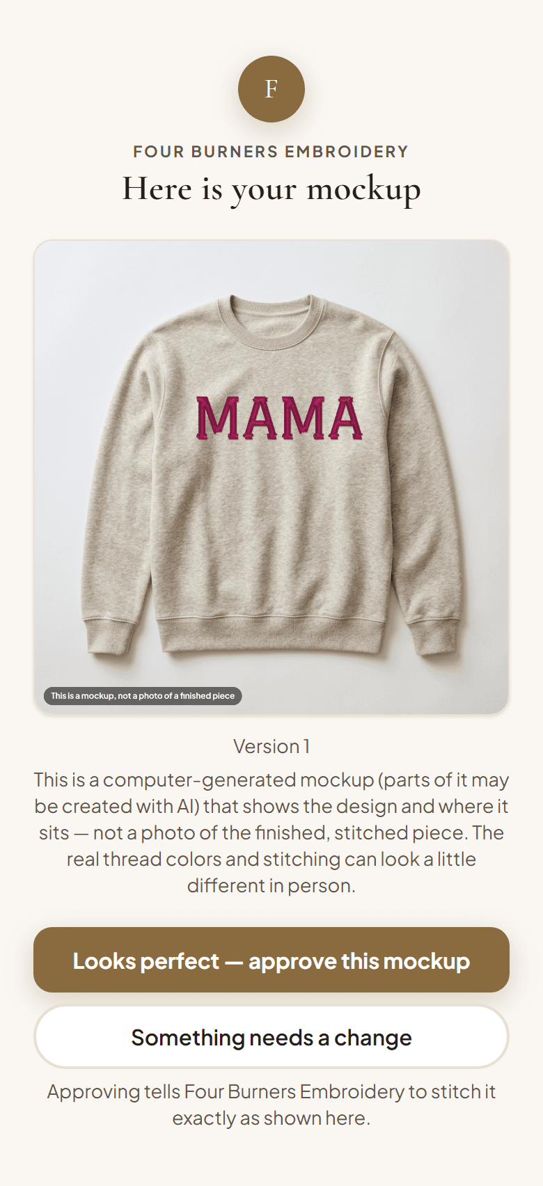 The customer approval page on a phone, showing the embroidered design on the garment, the wording to check, and the approve button