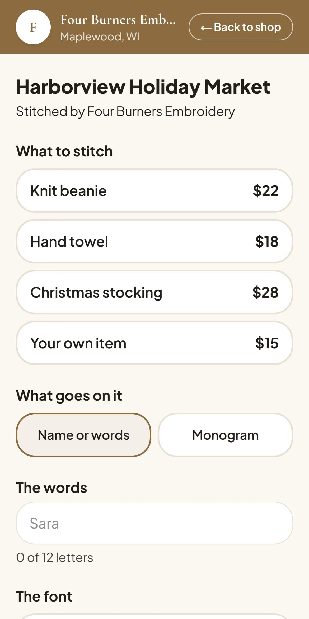 A guest's phone at the event: the order form from the QR card, with the menu, a name to stitch, and a thread color