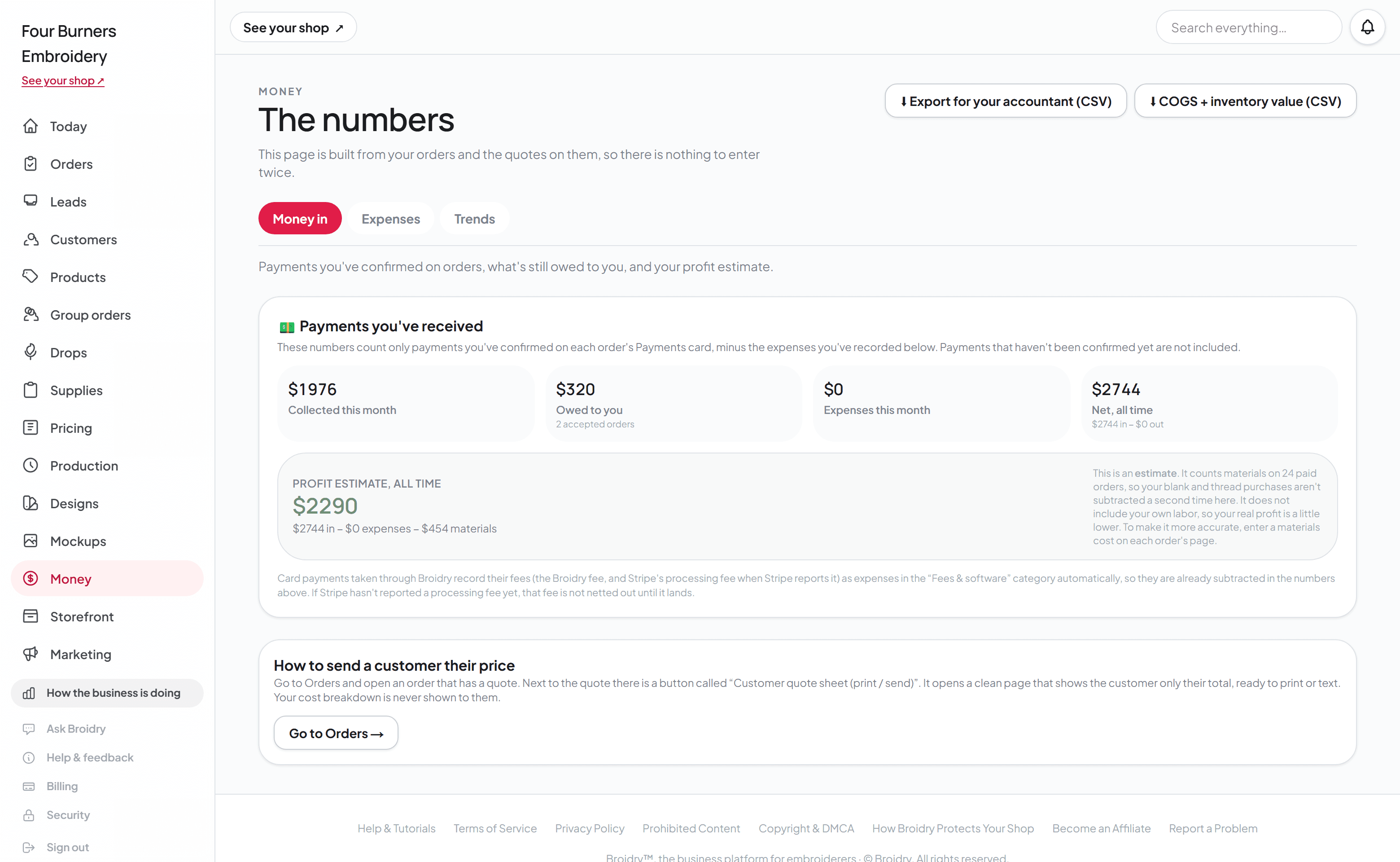 The Money page showing collected, owed, expenses, and profit