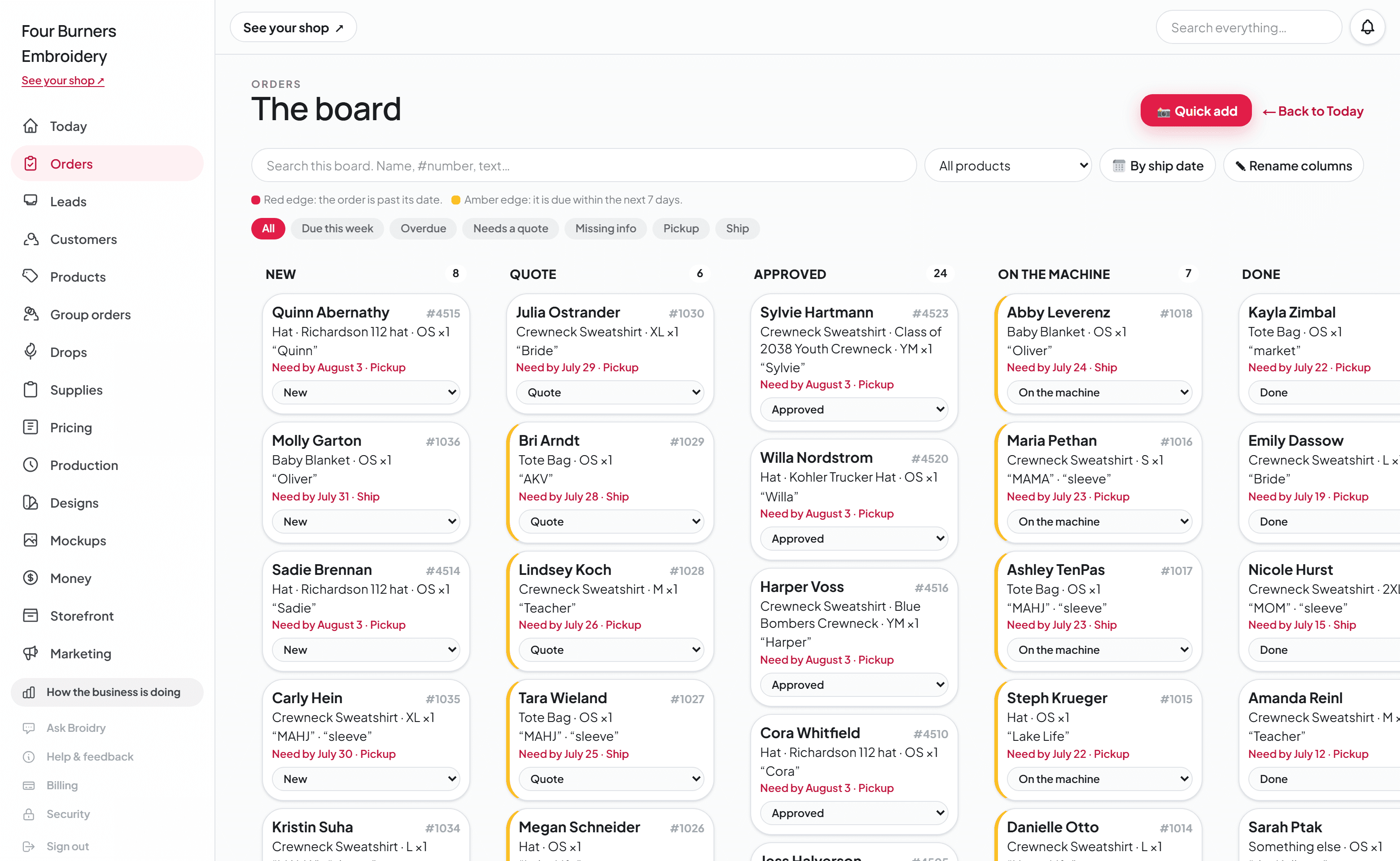 The order board with columns from New through Done