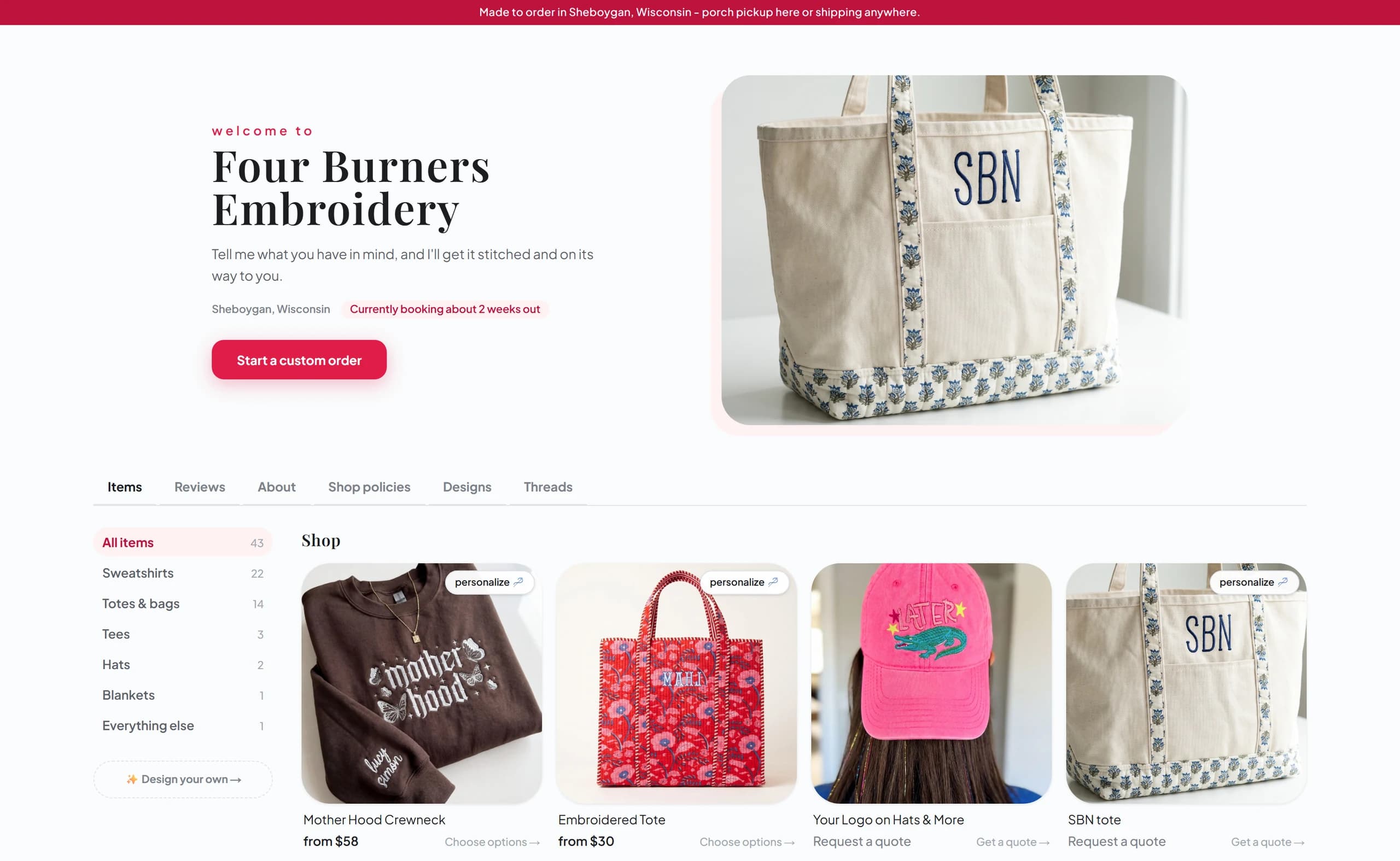 The Four Burners Embroidery shop page on Broidry, as a customer sees it: shop name, photos, prices, and order buttons