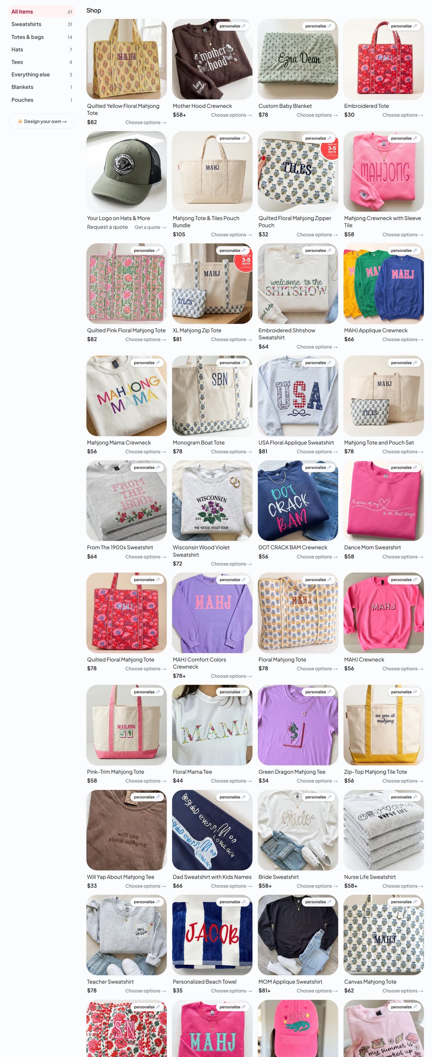 The Four Burners Embroidery shop page on Broidry, scrolling through the live product grid: photos, prices, and personalize buttons