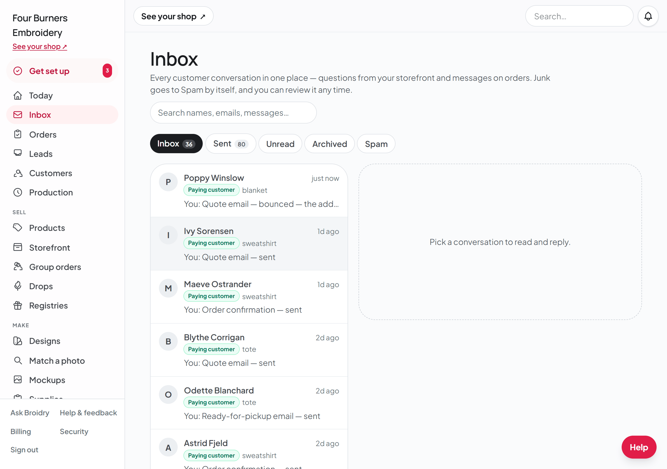 The Inbox: a list of labeled conversations on the left and the reading pane on the right.