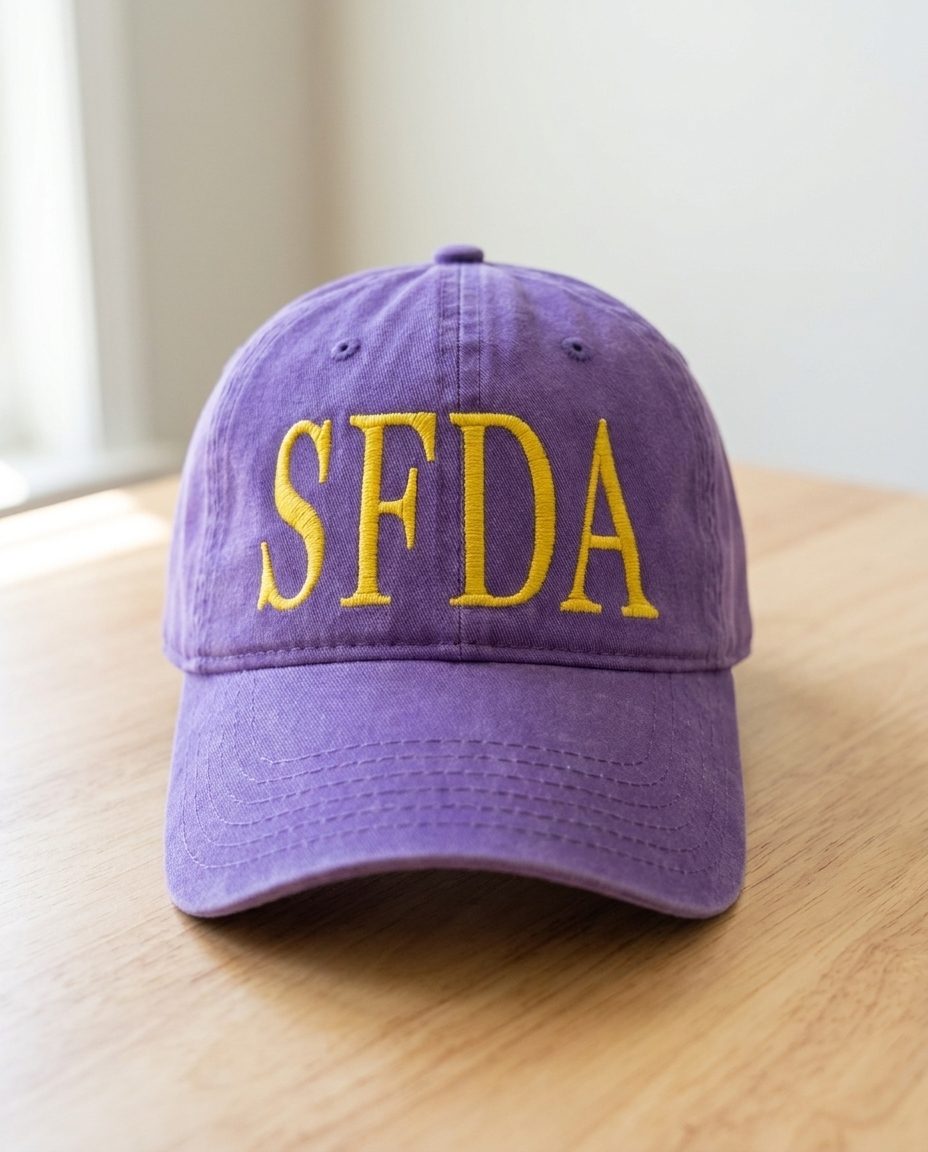 The same purple cap as a listing photo, sitting on a wooden table in soft window light